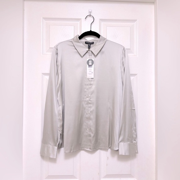 NWT Eileen Fisher Stretch Silk Charmeuse Classic Collar Shirt in Chalk - Picture 6 of 11